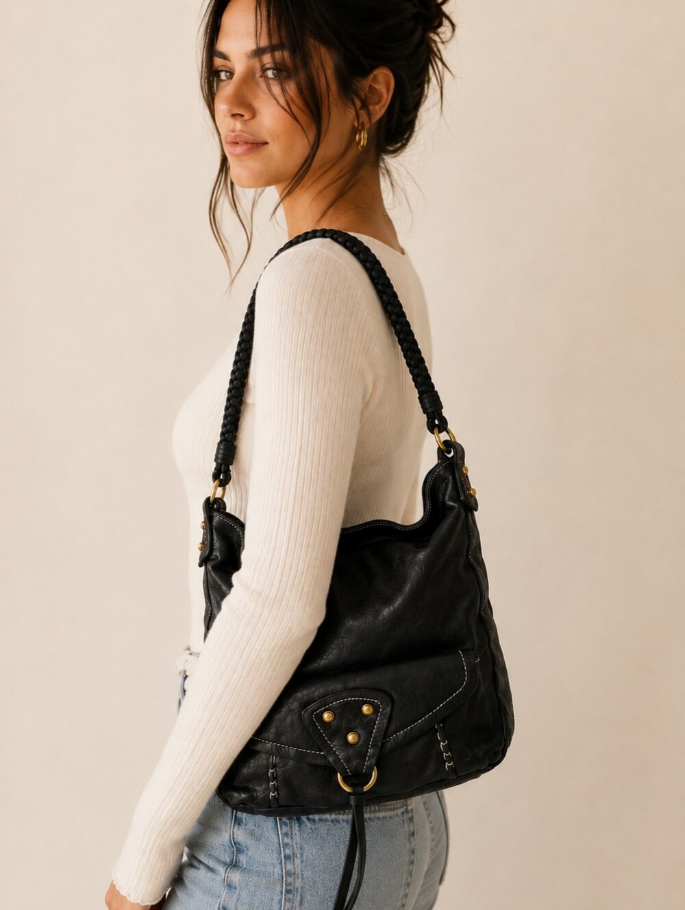 Hobo Y2K Genuine Leather Vintage Shoulder Bag & Brass-tone Hardware